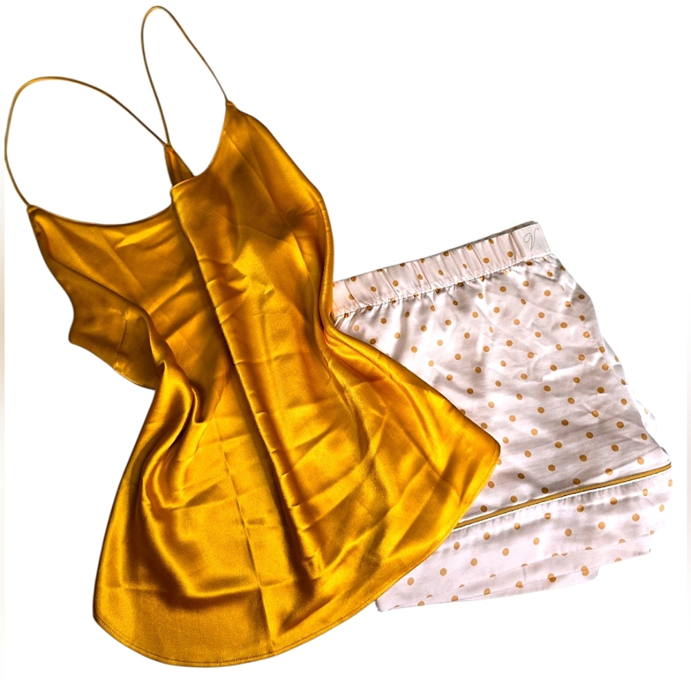 VS Gold Satin Camisole w/ Polka Dot Satin Shorts (Set)